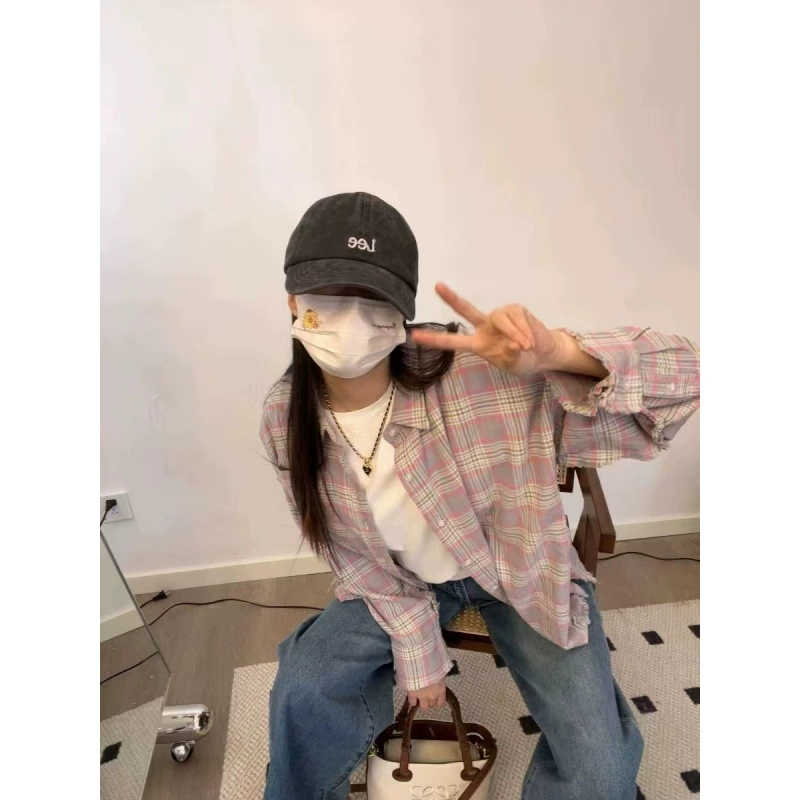 Корейская сладкая розовая клетчатая рубашка женская свободная повседневная рубашка с длинными рукавами топ кардиган внутри и снаружи