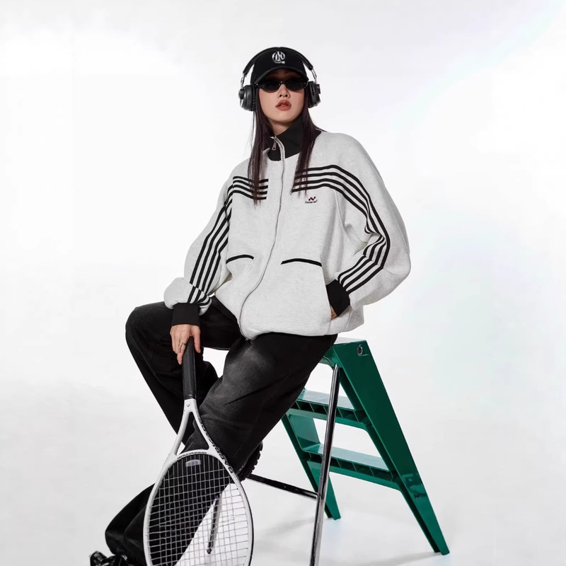 Popular Foreign Trade Item: American-Style Striped Sports Sweatshirt Jacket for Men, Trendy High-Street Design, Casual Stand-Up Collar Zip-Up Cardigan
