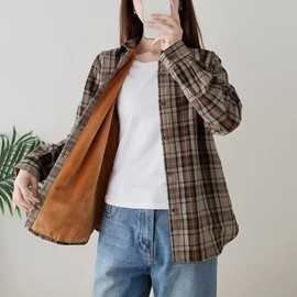 加绒格子衬衫 2025冬季新款 文艺加厚保暖上衣女复古长袖叠穿衬衣
