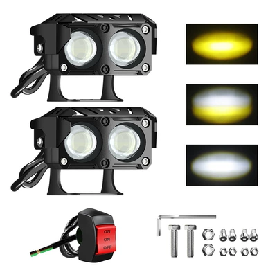 Cross-Border Hot-Selling Motorcycle Led Headlight Modification, Dual-Eye Motorcycle Auxiliary Spotlight, Electric Vehicle External Headlight (Motorcycle headlights, headlights) - two-beads-with-cover-switch