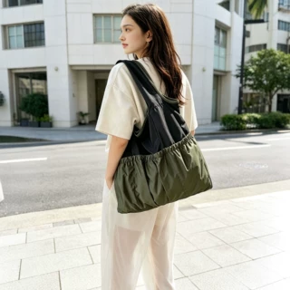 日系撞色褶皱单肩包女夏季新款轻便大容量尼龙托特包便携购物袋
