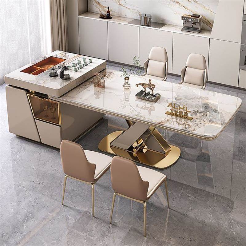 Island Tea Table with Rock Slab, Integrated Island Tea Table, Light Luxury Modern Multifunctional Tea Table, Office and Home Use, Extendable Dining Table