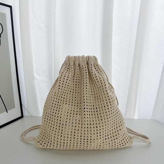 2024 New Style Simple Woven Mesh Bag Drawstring Backpack Ins Style Knitted Tote Bag Cross-border Fresh Style