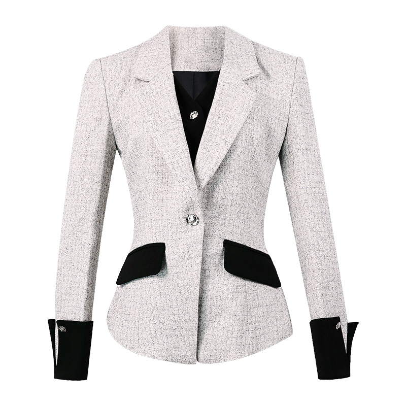 Áo blazer nữ ôm eo giả hai mảnh phong cách quý cô thanh lịch — Hoa màu xám