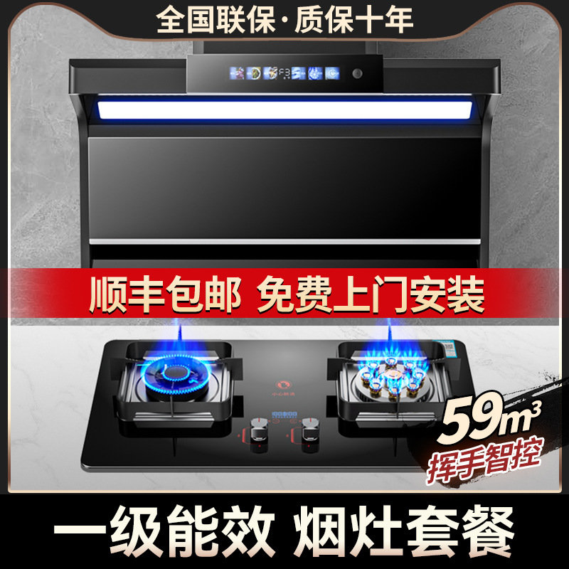 Huichu Haotaitai Range Hood Gas Stove Set for Home Kitchen with Top and Side Dual Exhaust Stove Combination Set