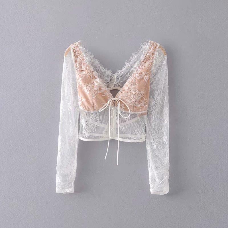 Sexy See-Through Slim White Lace Top European and American Style Nightclub Hottie Outfit Chest Double-Layer Backless Mesh Shirt