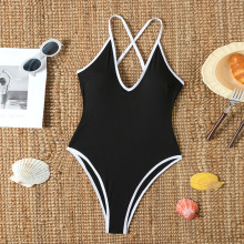 跨境连体泳衣女新款泳装性感露背遮肚显瘦纯色高级简约泳装现货