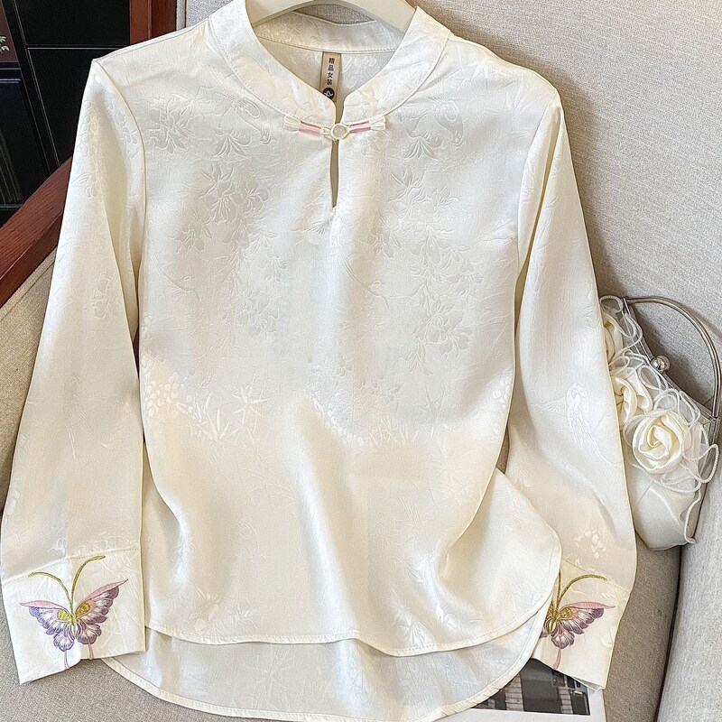 Plus Size Women's New Chinese Style Light National Style Satin Long-Sleeved Shirt Autum Fat mm Elegant Beautiful Inner Bottoming Top