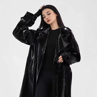pu连帽外套欧美女装镜面皮革时尚夜店长款风衣夹克