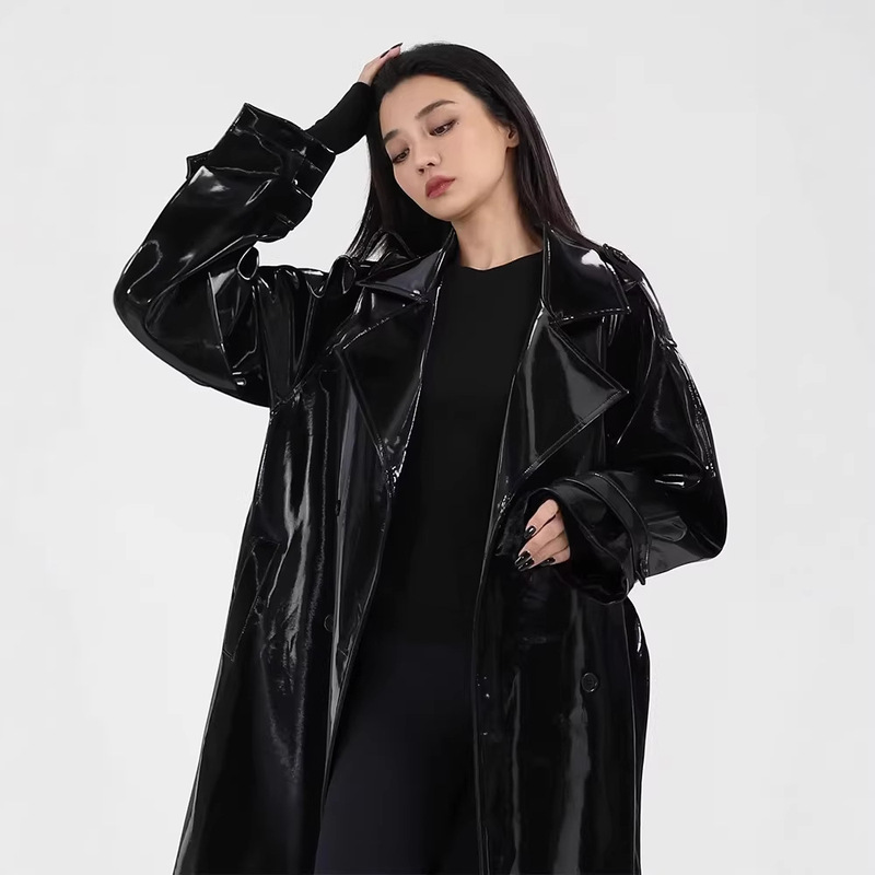 Cross-Border Foreign Trade Pu Hooded Jacket European and American Amazon Women's Fashion Mirror Leather Nightclub Long Trench Coat Jacket Cross-Border Foreign Trade Pu Hooded Jacket European and American Amazon Women's Fashion Mirror Leather Nightclub Long Trench Coat Jacket