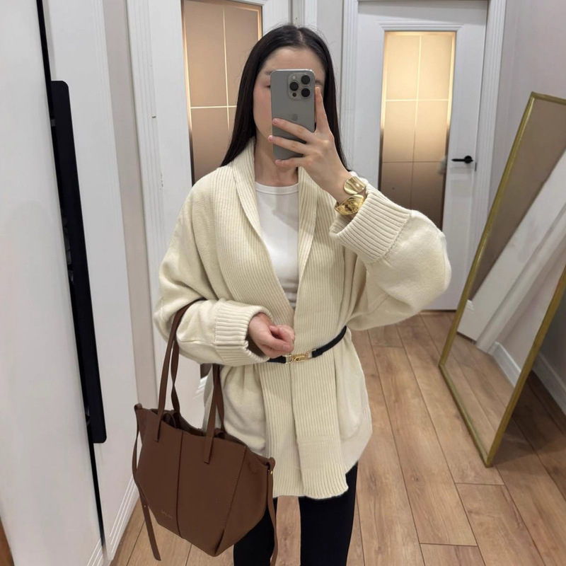 欧美跨境女装2025秋季新款羊绒开衫女宽松翻领长袖针织毛衣外套|undefined