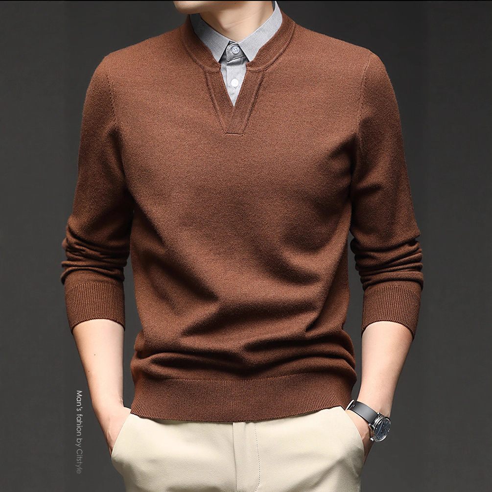 Primavera y otoño con solapa de manga larga de hombre base popular camiseta de punto de hombre falsa dos piezas de chaqueta simple suéter casual suelto