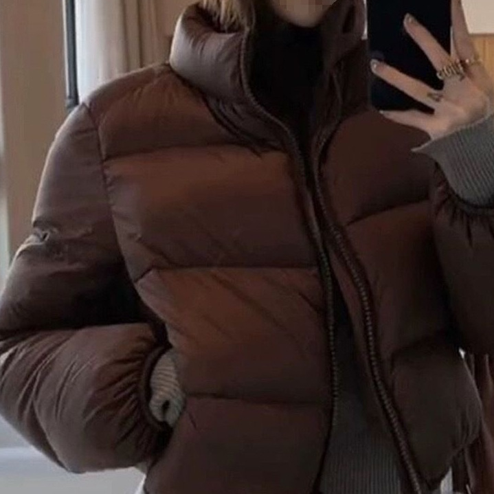 Short Down Coat For Women Stand Collar Coffee Colour Winter Jacket_voghion.com