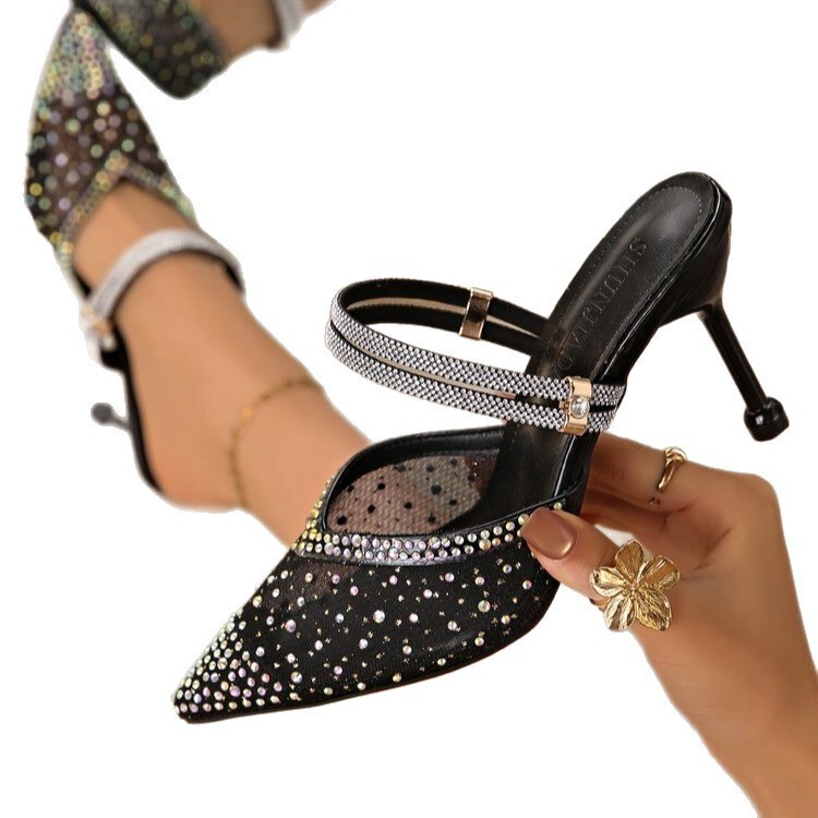 Rhinestone Mesh Stiletto Sandals for Women, Pointed Toe, Two-Way Strap Sandals, High Heels, Sexy Party High Heels
