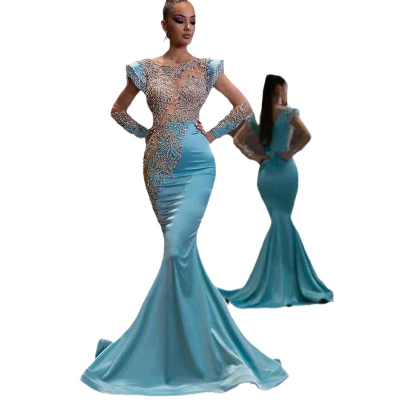 Vestido de cola de pez azul claro estilo 2025 para uso diario, vestido de noche largo dorado elegante y entallado para reuniones anuales. image 1