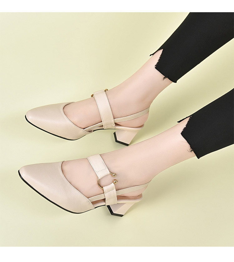 Sandal nữ da thật mũi nhọn gót vuông 5 cm, hở gót, phong cách mùa hè — Đen 5cm chi tiết 8