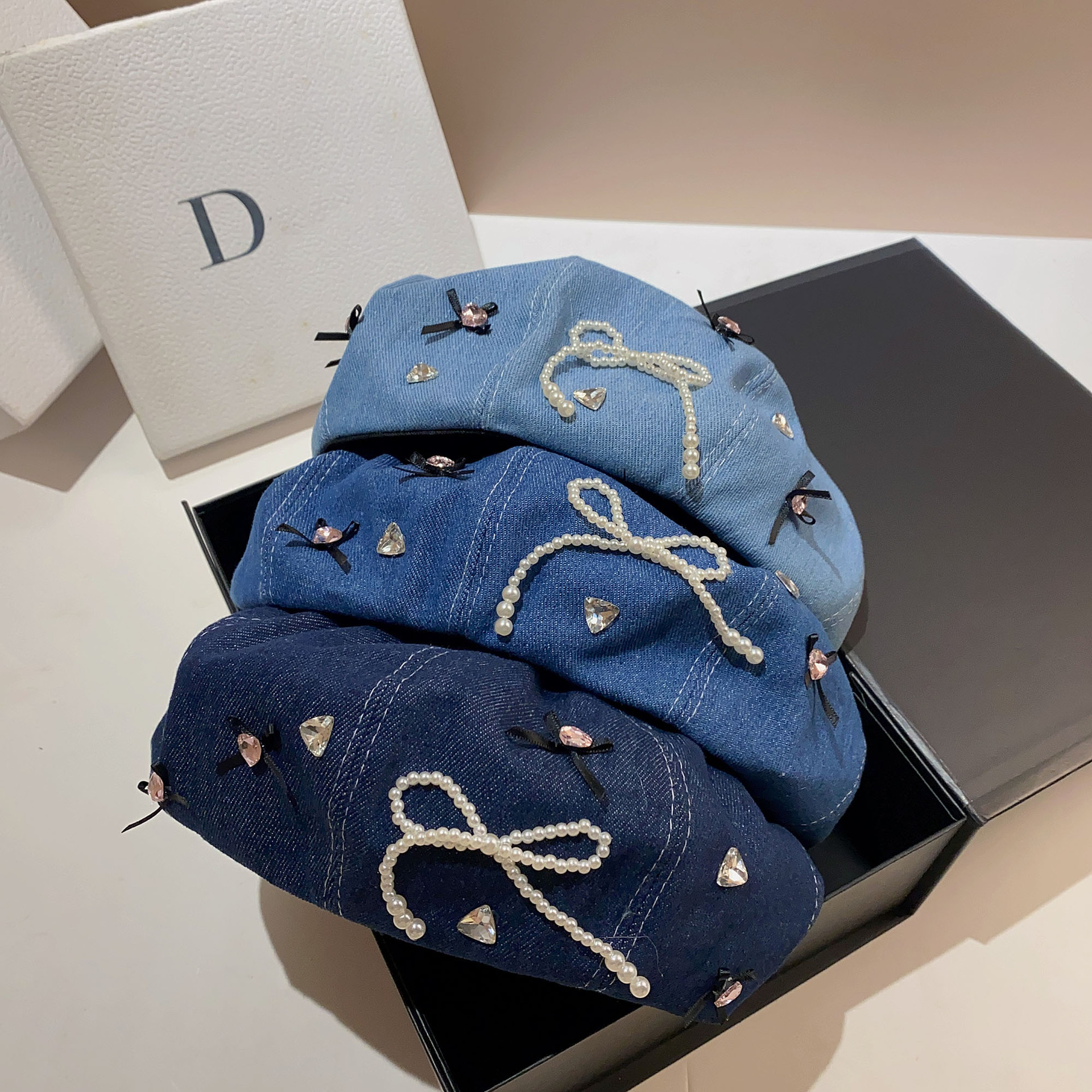 Veelzijdige, schattige baret, dunne, kleine, elfenstrik, achthoekige denim hoed in de lente en zomer_voghion.com