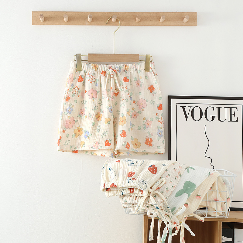 일본식 면 거즈 파자마 바지 여자의 여름 얇은 더블 크레이프 반바지 신선한 비치 바지 캐주얼 느슨한 홈 바지