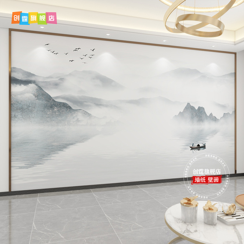 千里江山图电视背景墙壁布客厅新款中式壁纸3d立体壁画影视墙|undefined