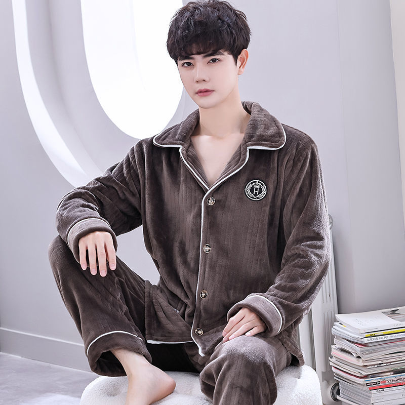 남성용 가을 겨울 산호 벨벳 잠옷, 겨울 두꺼운 벨벳 가정복, 봄, 가을 대형 플란넬 남성 정장