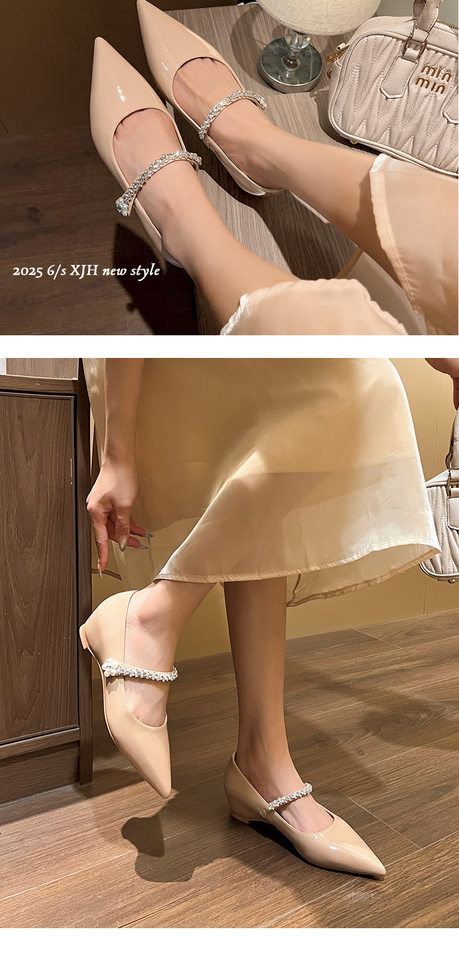 Giày cao gót nữ mũi nhọn quai ngang đính pha lê, đế xuồng độn cao bên trong, gót thấp dưới 3 cm — Màu bạc, Màu mơ, Màu vàng nhạt chi tiết 14