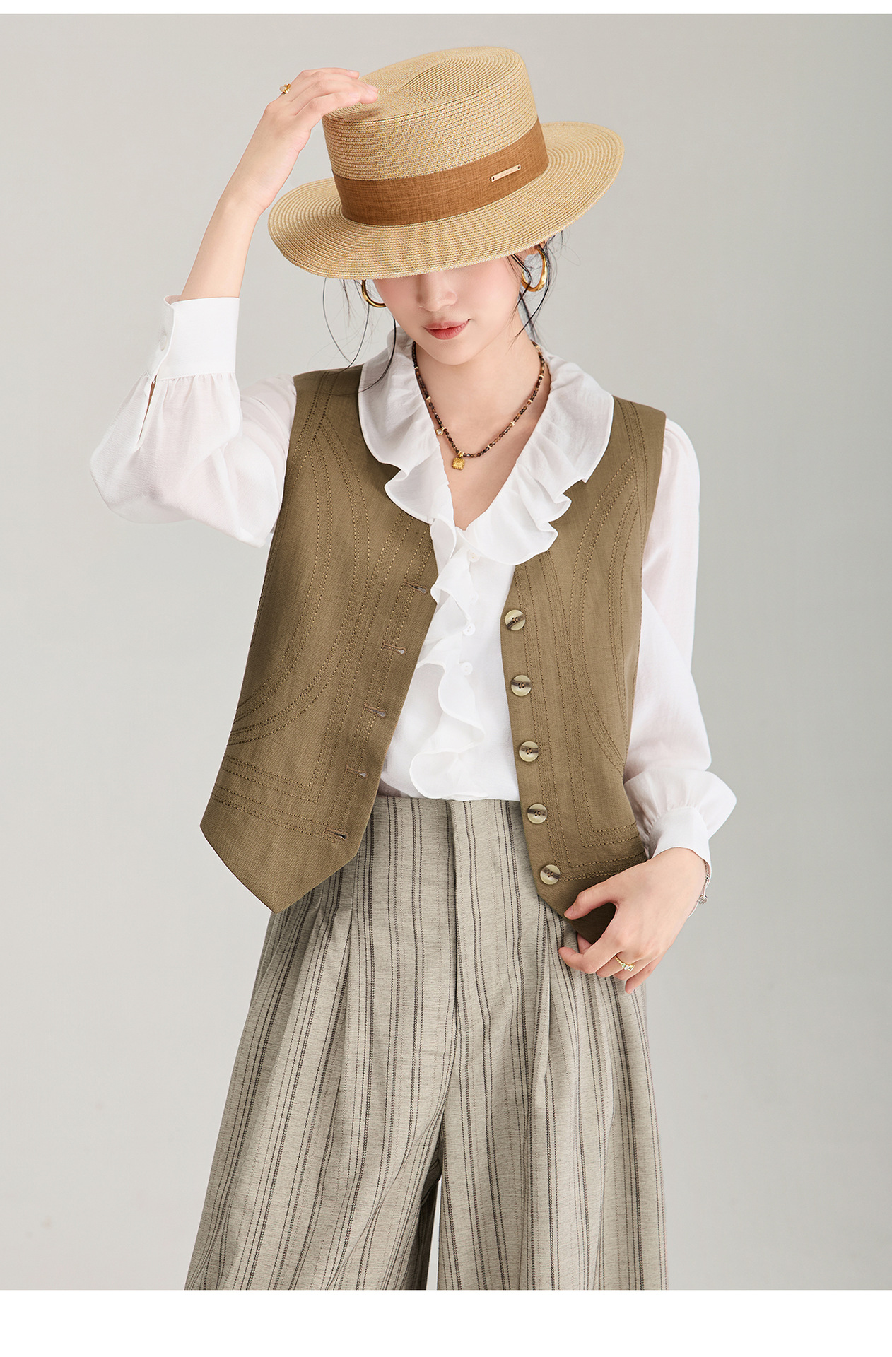 Áo khoác gile không tay cổ chữ V phối lớp phong cách cổ điển chất liệu vải lanh pha sợi Tencel — Màu cà phê chi tiết 20