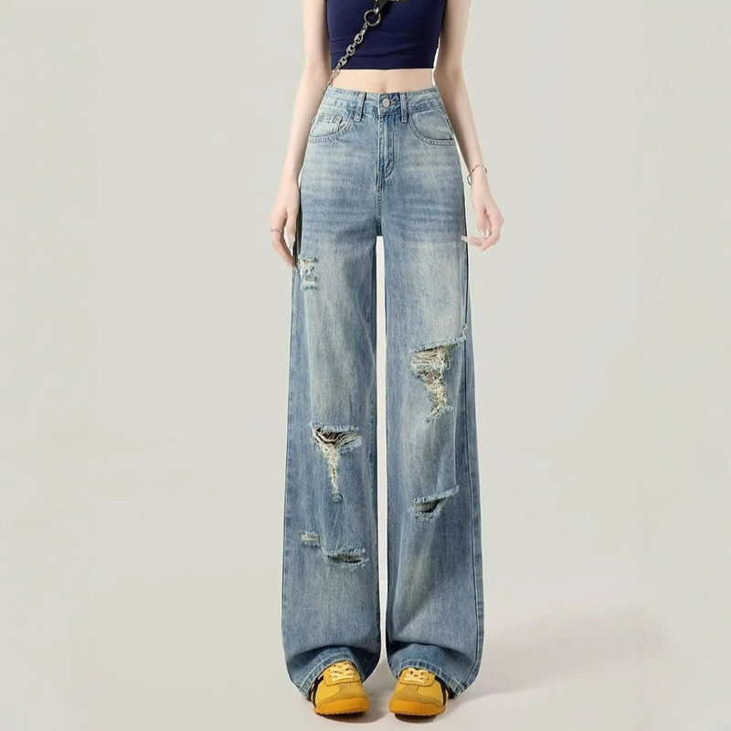 Blue Ripped Summer Thin Jeans for Women, High-Waisted, Slimming, Straight-Leg, Floor-Length, Wide-Leg, Leg-Lengthening, Versatile Long Pants