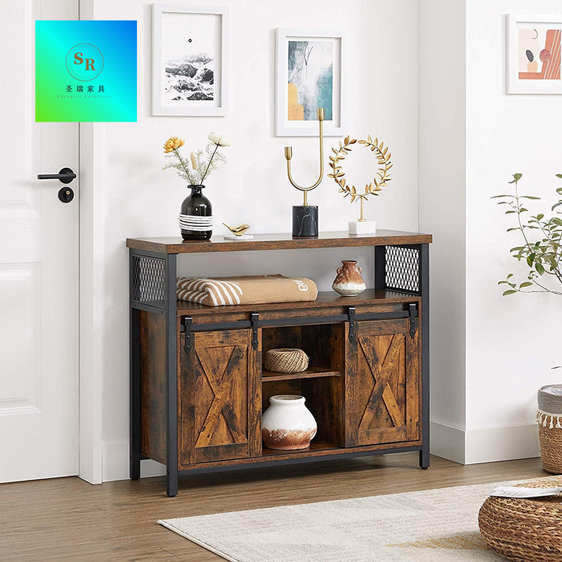 Living Room and Kitchen Furniture, Farmhouse Style Barn Door Sideboard, Vintage Craftsmanship Iron and Wood Furniture, Multifunctional Cabinet Sideboard Living Room and Kitchen Furniture, Farmhouse Style Barn Door Sideboard, Vintage Craftsmanship Iron and Wood Furniture, Multifunctional Cabinet Sideboard