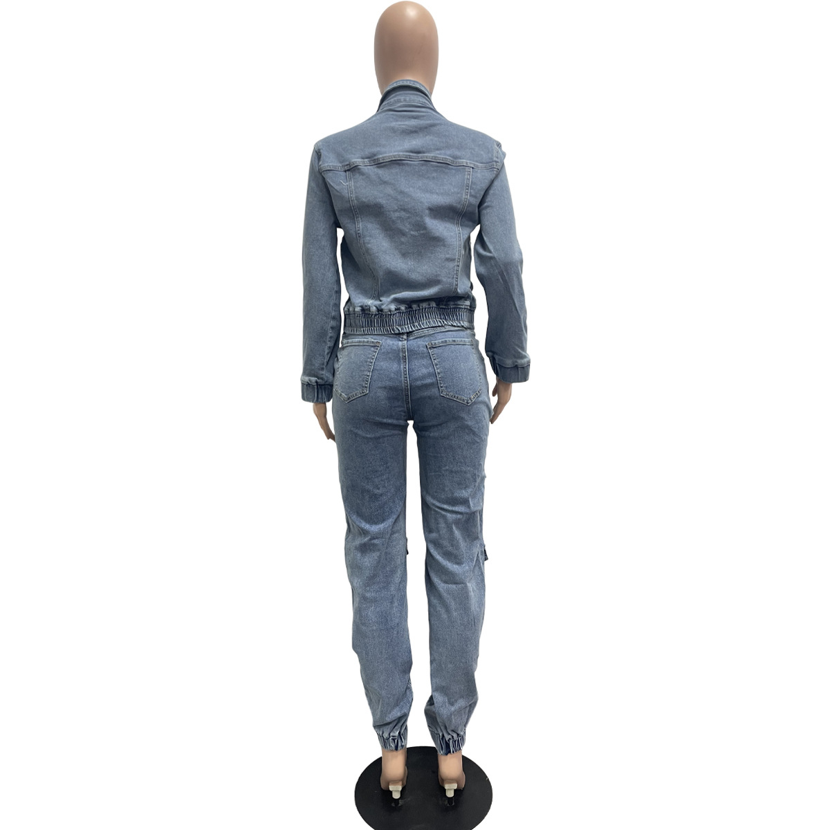 Damset i stretch denim med högmidjade byxor och jacka_voghion.com