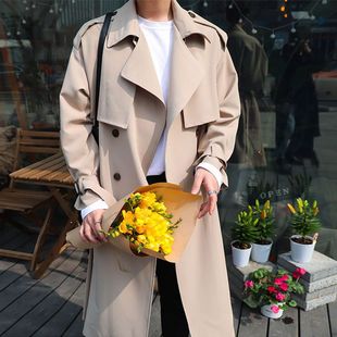 Trendy Over-The-Knee Coat with Loose Design Korean Style Spring and Autumn Jacket for Men New British Style Trench Coat Men's Mid-Length
