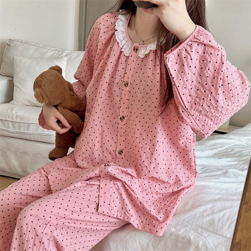 レース波点宅服フワフワ格パジャマレディース高級感ネットレッド風アウター長袖長ズボン春秋スーツ|undefined