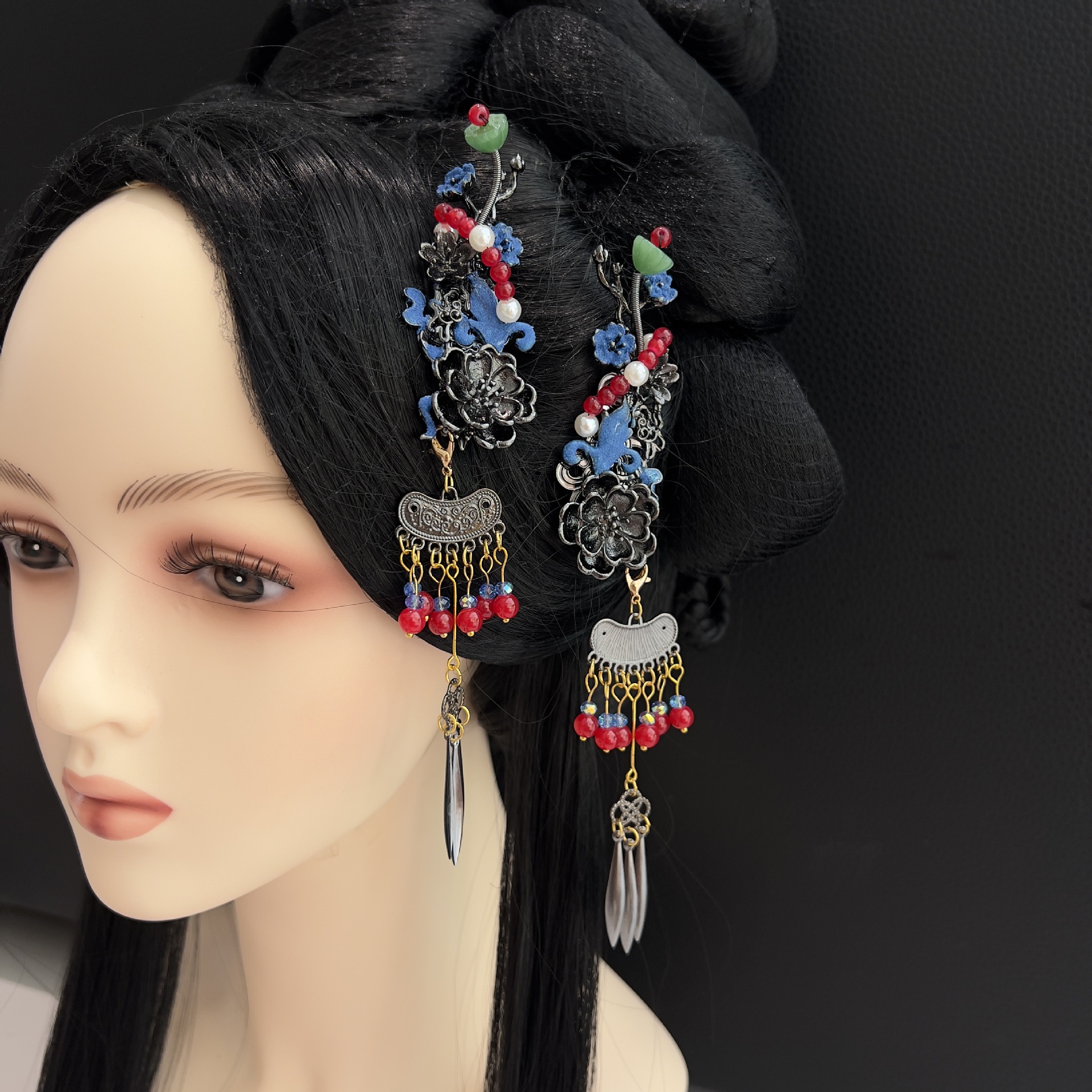Vintage Hanfu Hairpin Ancient Costume Tassel Pendant Side Clip Tang Suit Super Fairy Imitation Burnt Blue Pearl Tassel Hairpin Accessory National