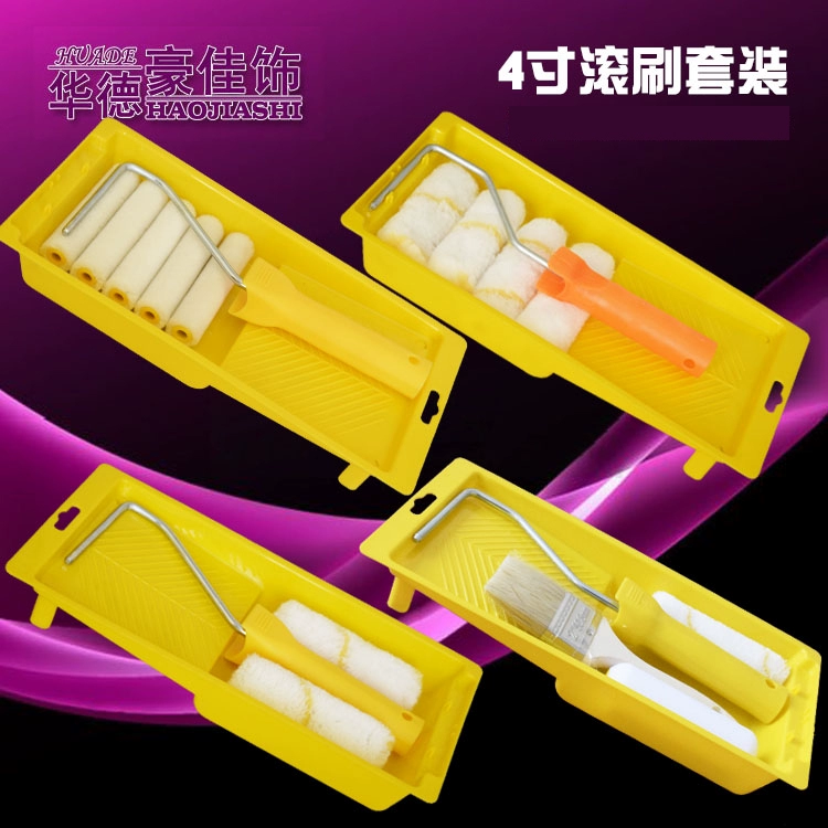Оптовая продажа, 4inch набор клейких роликов из натуральной шерсти, губчатая кисть, пластиковый лоток, инструмент для деревянного шпона