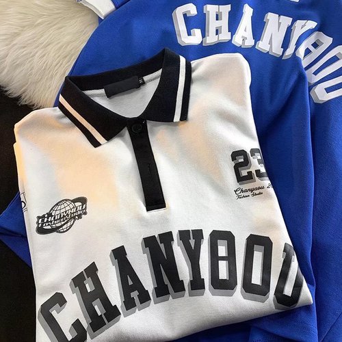 Summer Klein Blue American Retro Polo Shirt Short Sleeve T-Shirt for Men, National Trend Ins Loose Men's Half Sleeve T-Shirt