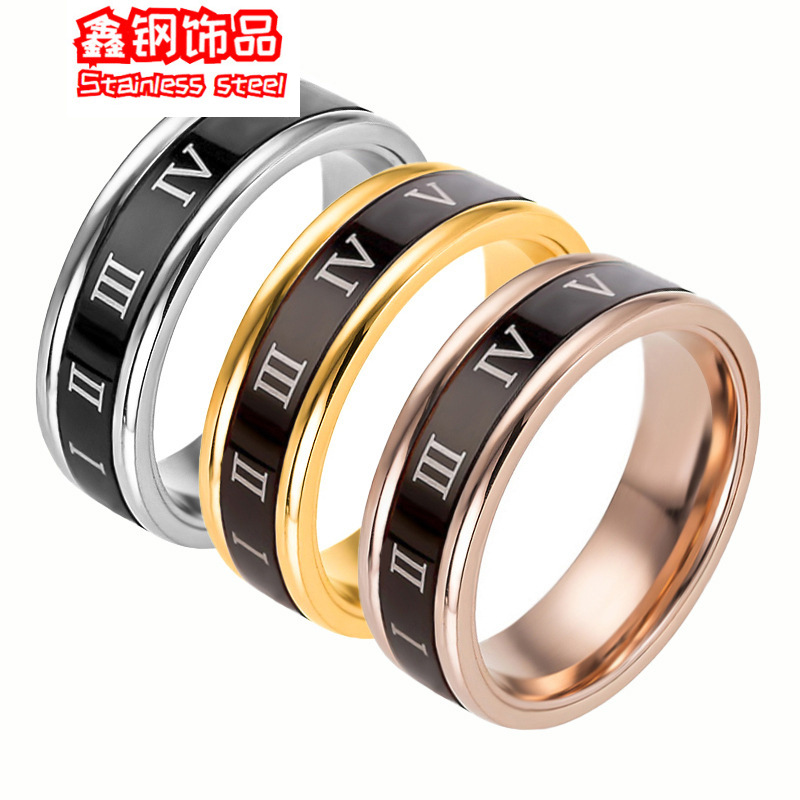 Korean Korean style rose gold titanium steel Roman numeral rotating ring female couple ring jewelry manufacturers wholesale