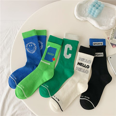 拼色雙羅口大C襪子女春夏季ins潮綠色女中筒襪英文字母藍色長襪子
