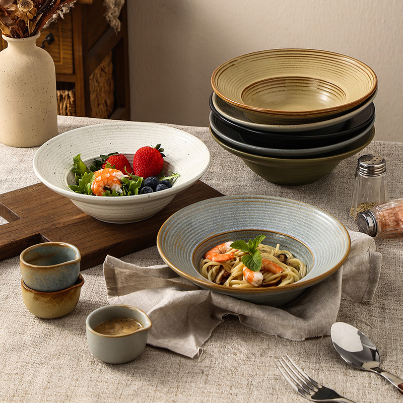 复古风陶瓷窑变草帽盘餐厅酒店家用螺纹意面盘日式水果沙拉点心盘