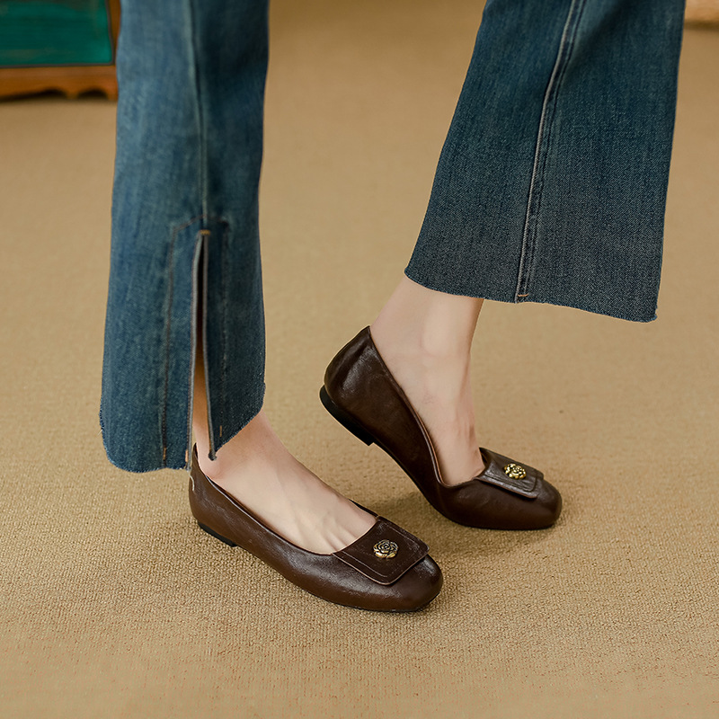 软皮版~复古法式山茶花简约一脚蹬玛丽珍鞋女浅口软皮平底单鞋子