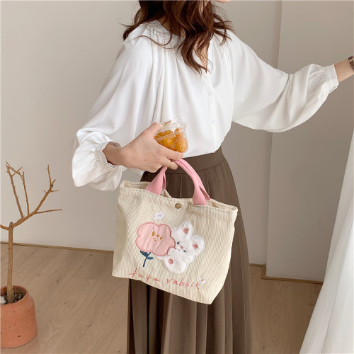 11097 Cute Cartoon Rabbit Embroidered Canvas Bag Corduroy Tote Bag Female Student Work Commuting Lunch Bag