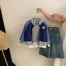 女童2025秋季星星印花加绒长袖外套花边打底衫加绒牛仔裤四件套潮