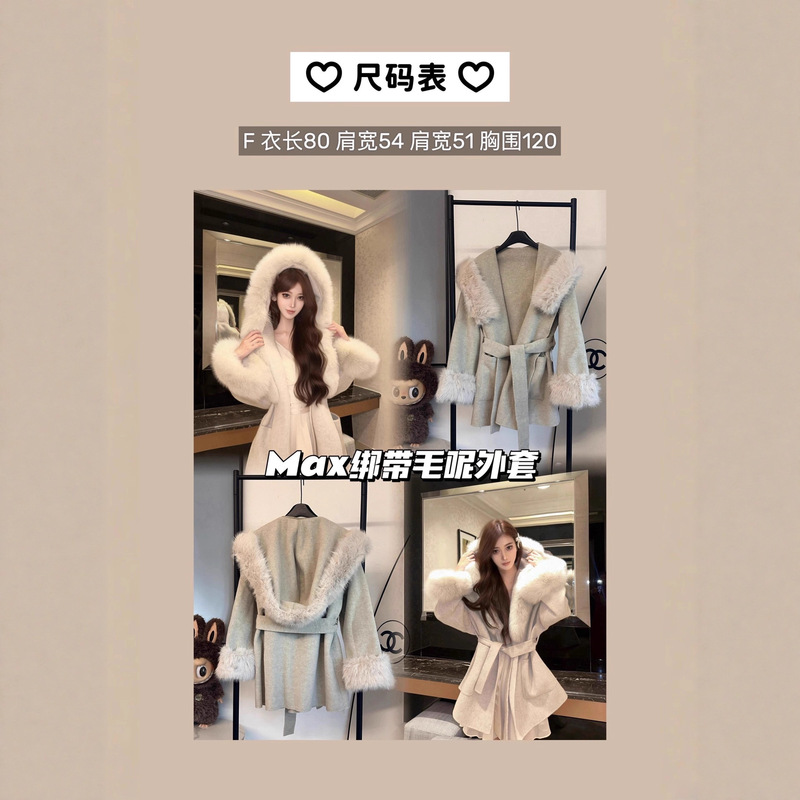 High Version ~ New Autumn and Winter Double-Sided Wool Outwear Mid-Length Navy Collar Woolen Outwear Fox Fur Collar