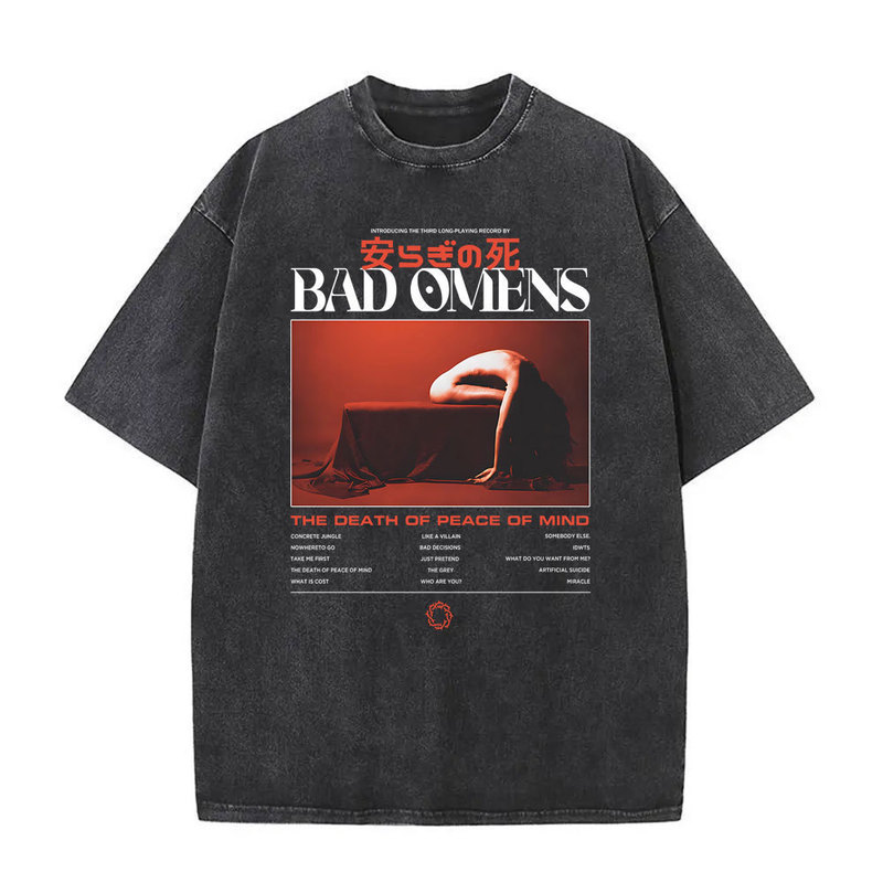 Custom Logo Washed Retro Bad Omen Band T-Shirt Retro Washed Distressed T-Shirt Men's and Women's Short-Sleeved T-Shirt