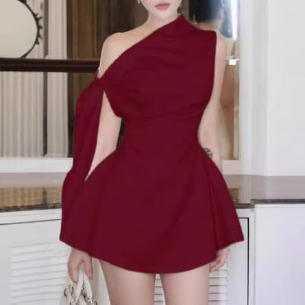 European and American Fashion Hot Girl Cross-Border New Style Solid Color One-Shoulder Sleeveless Patchwork Tie-Up Bodycon Short Dress for Women