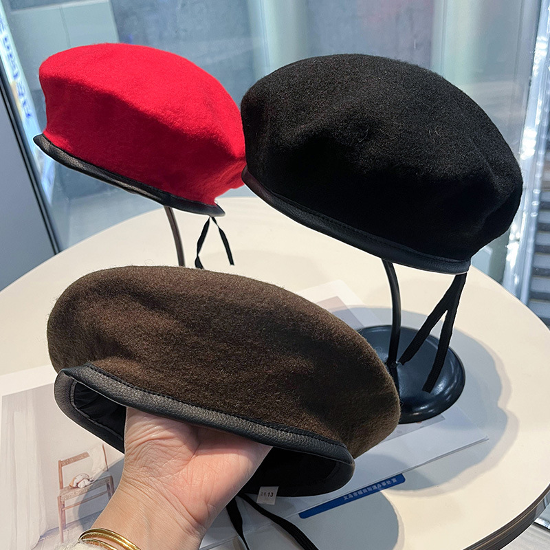 Boina de lana negra de moda, sombrero de invierno de otoño para mujeres, pequeño sombrero de belleza, sombrero de artista DIY para hombres.