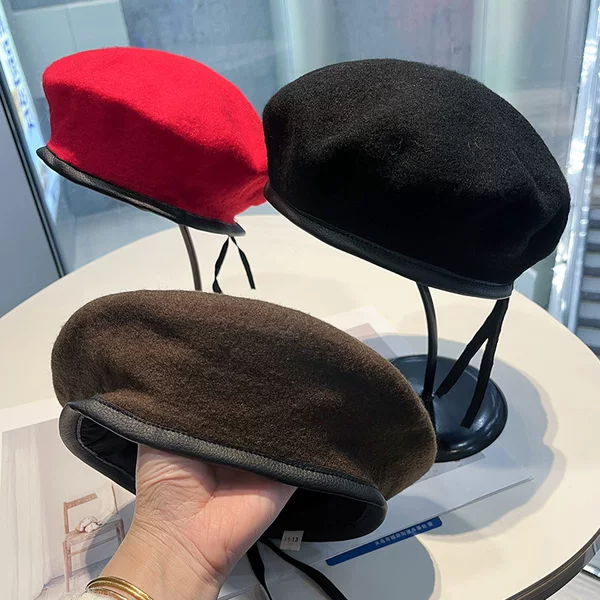 Solid Color Wool Beret Hat for Women, Autumn and Winter Beret Hat, Can Be Customized with Hat Badge Diy, Men's Artist Hat, Cross-Border Export