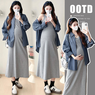 2025 spring early spring pregnant women dress suit loose long sleeve striped shirt long vest dress