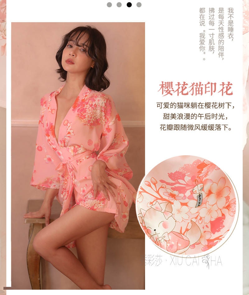 Sakura Cat Japanese Kimono Chiffon Nightgown Robe Set with Belt and Thong — detail image 6