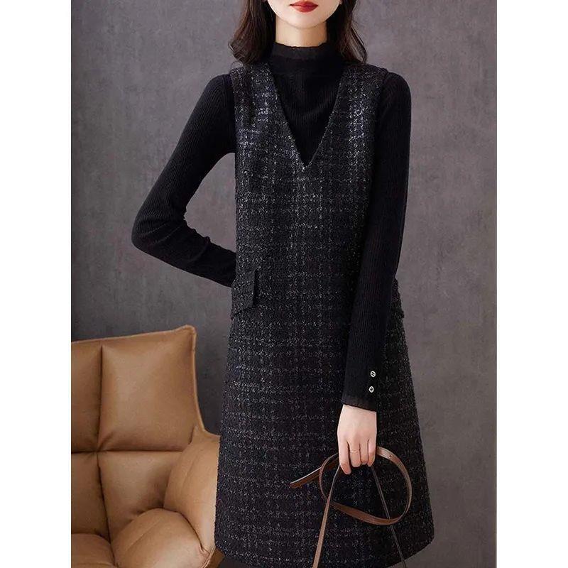 2025 Spring & Fall New Age-Reducing Vest Mid-Length Dress Retro Small Fragrant Tweed Sleeveless V Neck Vest Dress