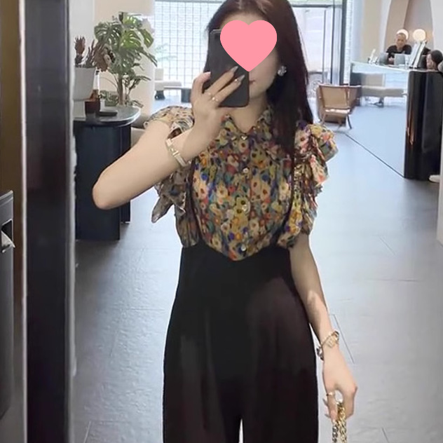 夏季复古飞飞袖碎花衬衣女款2025新款百搭衬衫法式美上衣