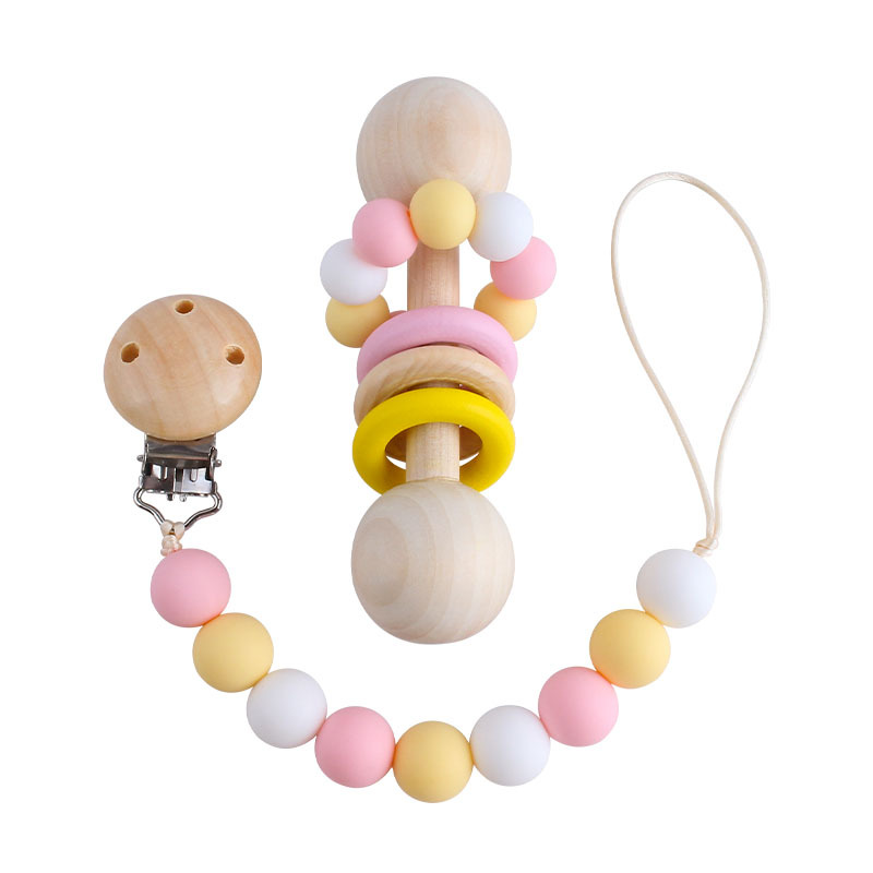 Creativo nuevo juguete de madera los niños mordedor bebé ejercicio interactivo agarre sonajero chupete silicona cadena traje